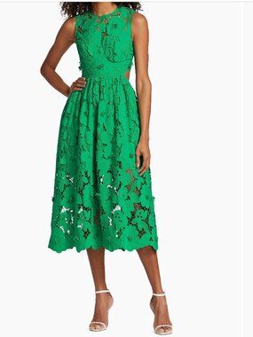 Self-Portrait Emerald Green Lace Midi Dress Sz 8